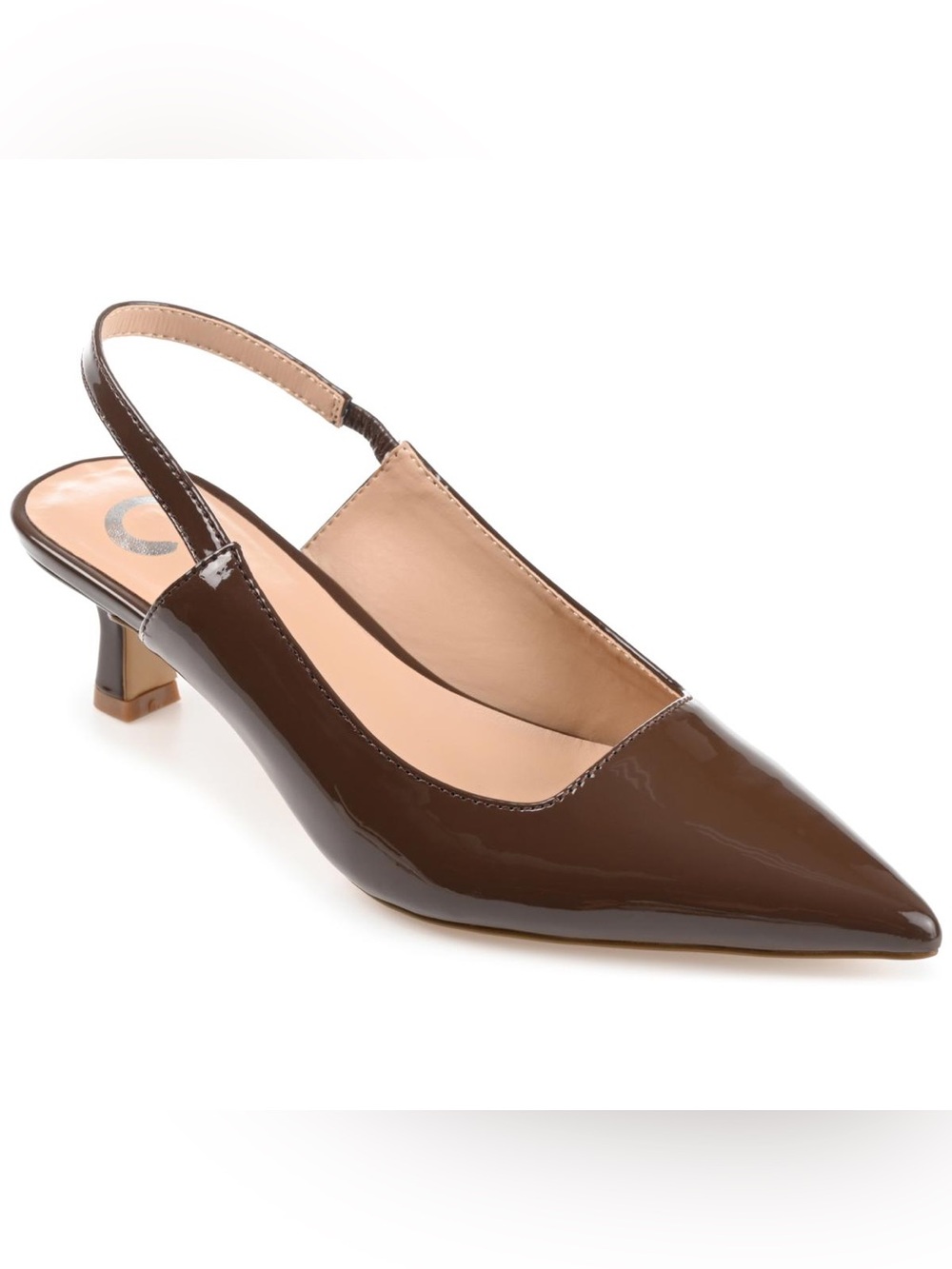 Journee Collection Brown Patent Pointed Slingback Kitten Heels Size 8.5M Paulina